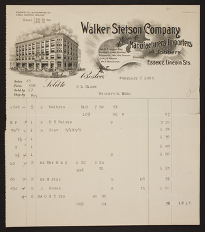 Billhead for the Walker Stetson Company, clothing, Essex & Lincoln Streets, Boston, Mass., dated February 6, 1905