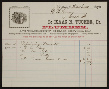 Billhead for Isaac N. Tucker, Dr., plumber, 479 Tremont Street, near Dover Street, Boston, Mass., dated March 20, 1876