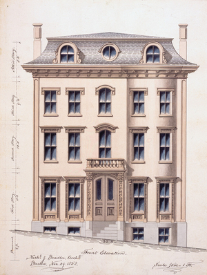 Front elevation of an unidentified town house, designed by Nathaniel J. Bradlee, location unknown, 1858