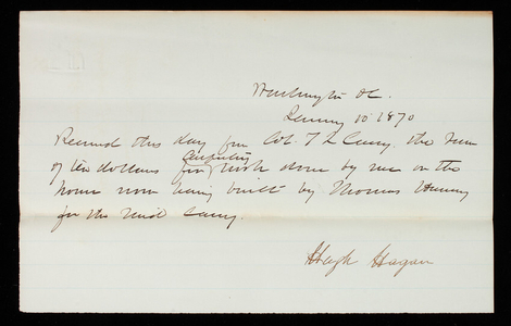 Hugh Hagan to Thomas Lincoln Casey, January 10, 1870, receipt