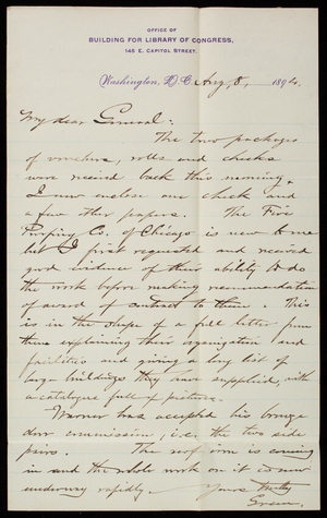 Bernard R. Green to Thomas Lincoln Casey, August 8, 1894