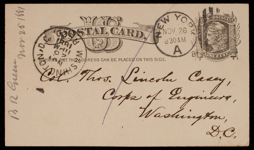 [Bernard] R. Green to Thomas Lincoln Casey, November 25, 1881