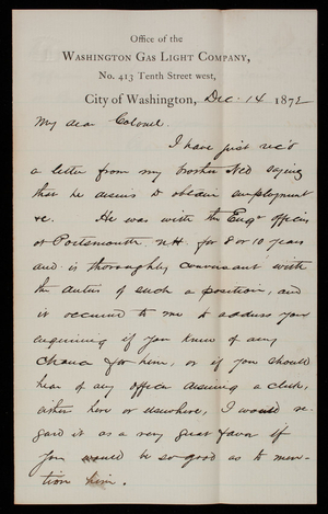 [Charles] B. Bailey to Thomas Lincoln Casey, December 14, 1872