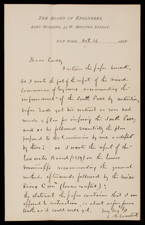 [Cyrus] B. Comstock to Thomas Lincoln Casey, October 16, 1888