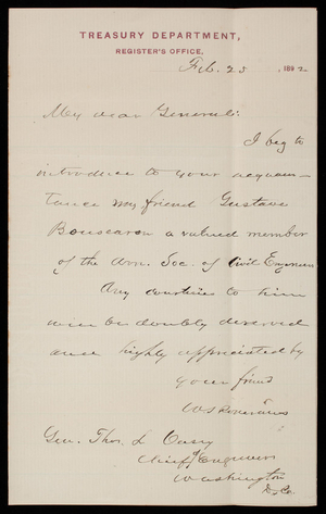 [William Starke Rosencrans] to Thomas Lincoln Casey, February 25, 1892