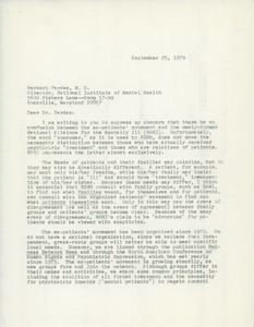 Letter from Judi Chamberlin to Herbert Pardes