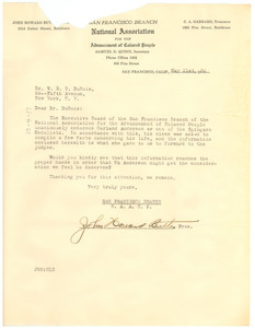 Letter from the N.A.A.C.P. San Francisco Branch to W. E. B. Du Bois