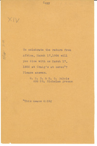 Invitation from W. E. B. & N. G. Du Bois to unidentified correspondent
