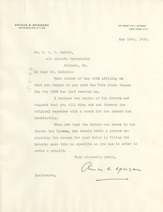 Letter from Arthur Spingarn to W. E. B. Du Bois