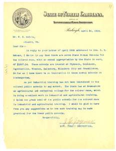 Letter from State of North Carolina to W. E. B. Du Bois