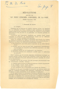 Resolutions adoptees par le XXIVe Congres Universel de la Paix