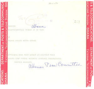 Telegram from Albanian Peace Committee to Shirley Graham Du Bois