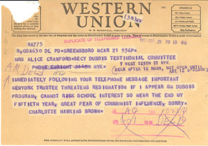 Telegram from Charlotte Hawkins Brown to W. E. B. Du Bois Testimonial Dinner Committee