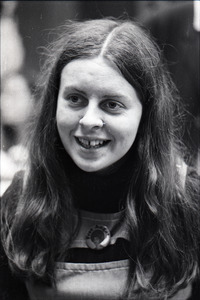 Bernadette Devlin McAliskey at the WBCN studios, wearing a 'Free Angela' Davis button