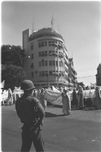 Buddhist monks demonstrate before the U.S. Embassy.