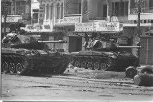Vietnamese tanks during Cholon fight on Confucius Boulevard; Saigon.