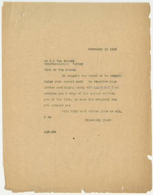 Letter to Dirk J. Van Bommel (February 11, 1916)