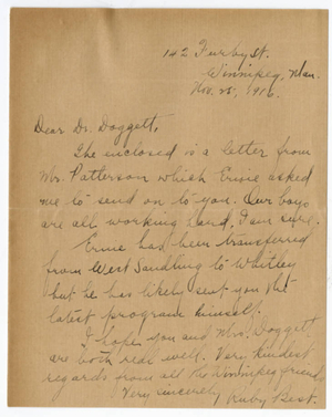 Letter from Ruby Best to Laurence L Doggett (November 28, 1916)