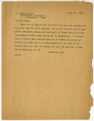 Letter from Laurence L. Doggett to Richard Hooker (March 17, 1917)