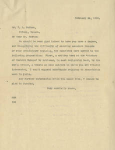 Letter to Thomas D. Patton from Springfield College (Feb. 24, 1908)