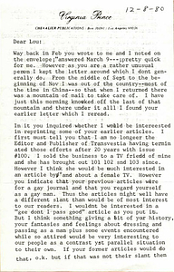 Correspondence from Virginia Prince to Lou Sullivan (December 8, 1980)