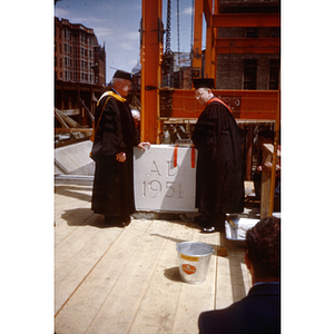 Laying Cornerstone of Dodge Library; Dr. Ell, Dean Everett(?), 1951