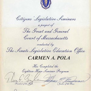 Certificate of the Senate Legislative Education Office recognizing Carmen A. Pola's completion of its eighteen-hour seminar program