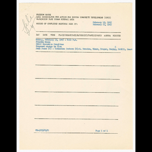 Minutes and attendance list for Citizens Urban Renewal Action Committee (CURAC) Executive Committee, Washington Park Association of Apartment House Owners (WAPAAHO) and Dale Area Improvement Association meetings in February 1965