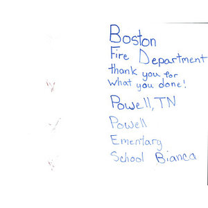 Thank you message addressed to the Boston Fire Department from a third grade student at Powell Elementary School