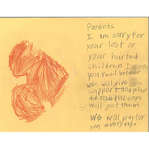 Card of support from Illinois for the parents of "lost or hurted children"