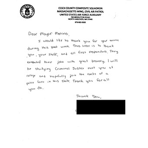 Letter of Sympathy from a Youth Cadet of the Essex County Composite Squadron, Massachusetts Wing, Civil Air Patrol, United States Air Force Auxiliary to the City of Boston