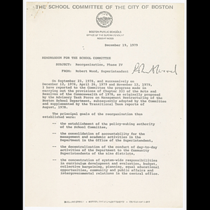 Memorandum from Robert Wood to the school committee about reorganization, phase IV