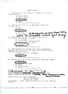 Correspondence: Printed survey. Enclosed in correspondence to Dr. Robert Ballard (WHOI - Senior Scientist Head, Deep Submergence Laboratory).