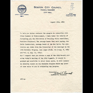 Letter from Gabriel F. Piemonte concerning statistics of urban renewal from the 1963 Workable Program hearing