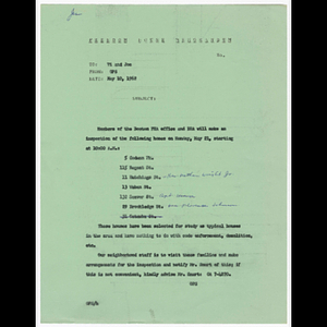 Memorandum from OPS to Vi and Joe about Boston FHA office and BRA inspection of homes on May 21, 1962