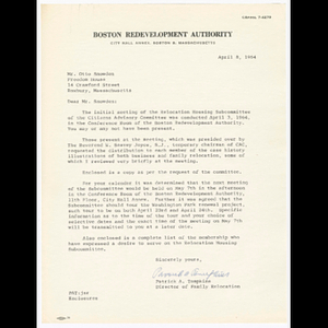 Letter from Patrick A. Tompkins to Mr. Otto Snowden about Citizens Advisory Committee Relocation Housing Subcommittee meeting on April 3, 1964, next meeting date and enclosed material