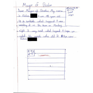 Handwritten Letter of Sympathy to the City of Boston from a 6th Grade Student at Clarecastle National School, Ireland.