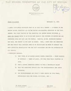 Press statement from Kathleen Sullivan, Boston School Committee member, 1976 November 23