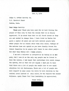Letter to Judge W. Arthur Garrity, 1974 November 6