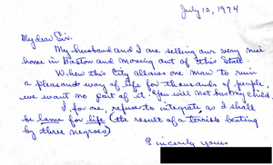 Letter to Judge W. Arthur Garrity protesting forced busing, 1974 July 12