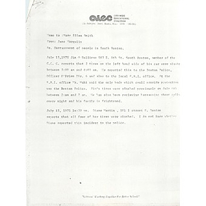 Memo and report, Harassment of people of South Boston, July, 1975.