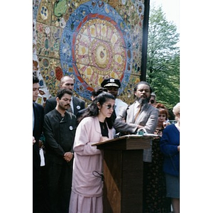 Clara Garcia addressing the crowd during Joseph Kennedy's Villa Victoria visit.