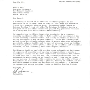 Letter of support for grant funding to The Chinatown Coalition, from the Administration on Children, Youth and Families' Youth Gang Drug Prevention Program