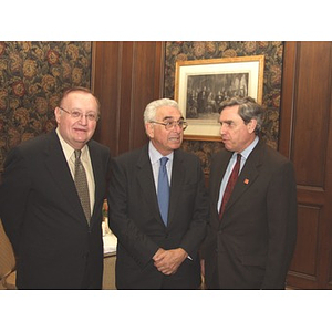 Barry Karger, John Hatsopoulos, and President Richard Freeland (left to right) at the gala dinner for John Hatsopoulos