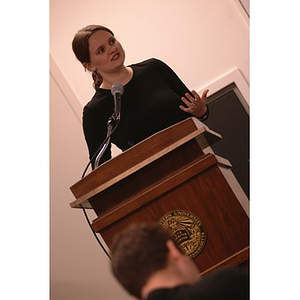 A female student senator speaking during a meeting of the Student Government Association Senate