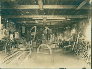Interior of Buck, Dow, & Stockwell wheelwright shop, Maple Ave., Shrewsbury, Mass., undated