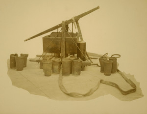 Hand pumper and leather buckets, Collinsville, Conn., undated