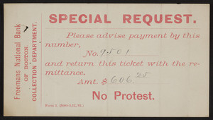 Special request payment ticket, Freeman's National Bank of Boston, Boston, Mass., undated