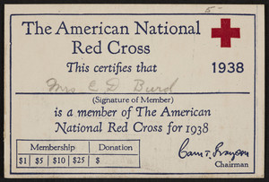Membership card for The American Nation Red Cross, location unkown, 1938