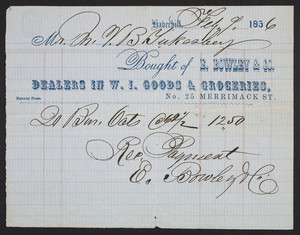 Billhead for E. Bowley & Co., dealers in W.I. goods & groceries, No. 25 Merrimack Street, Haverhill, Mass., dated February 9, 1856